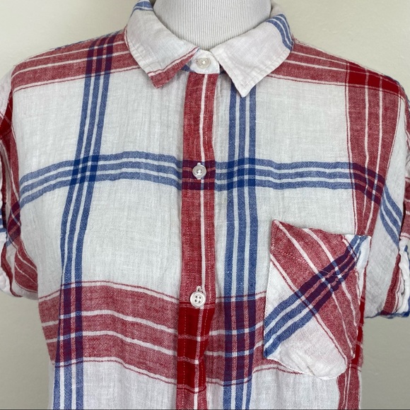Rails Amelie Carmine Linen Blend Tie Front Shirt in Blue White Red - Picture 6 of 11